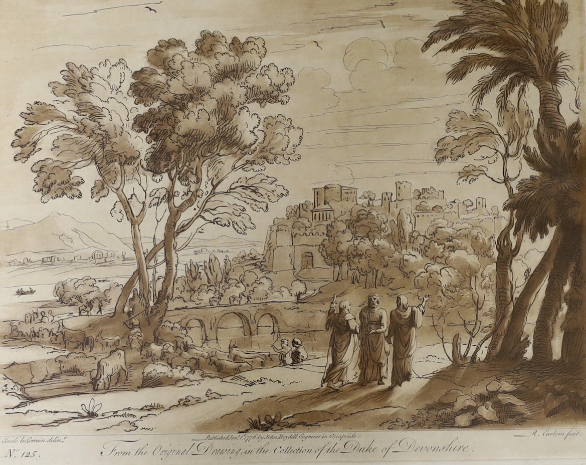 A group of assorted 18th and 19th century engravings including portraits and landscapes, together with a watercolour landscape, 49 x 37cm